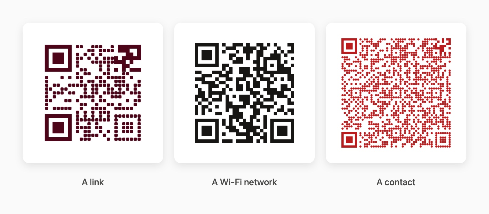 Three QR codes made in Ember: a link in burgundy with rounded modules, a Wi-Fi network in near-black squares, and a contact card in red dots.
