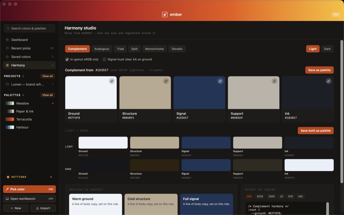 Ember’s harmony studio, showing a complement generated from #1D3557 as five named roles — ground, structure, signal, support and ink — in both light and dark.