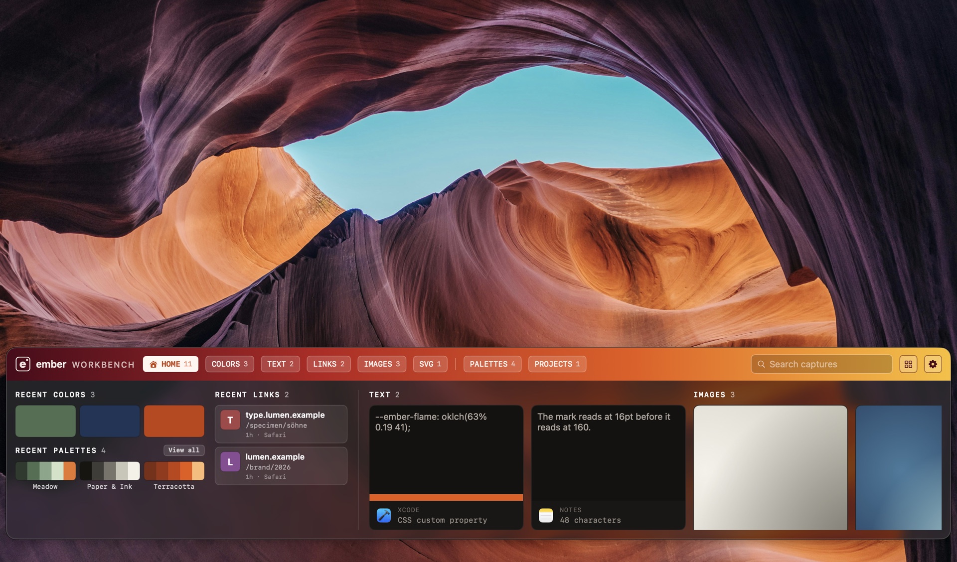 Ember’s workbench open along the bottom of a Mac desktop, showing recent colors, palettes, links, text captures and images, each labelled with the app it came from.