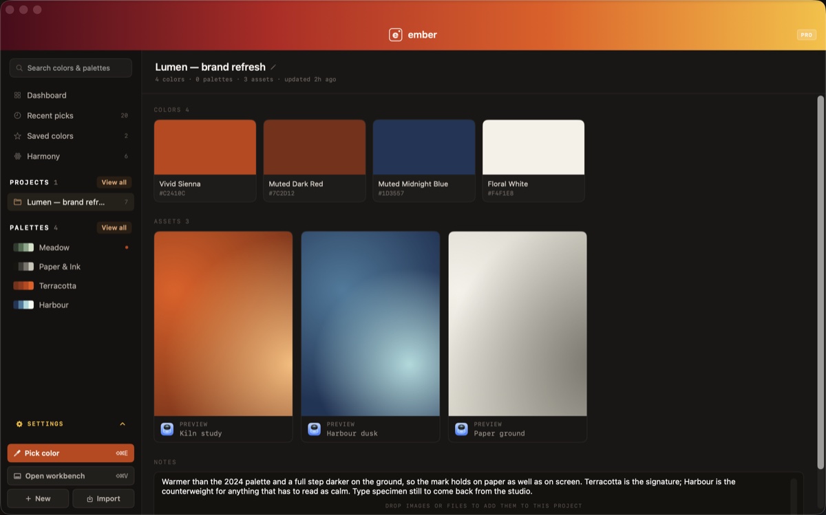 A project in Ember called Lumen — brand refresh, with its four colors, three reference images and the notes kept alongside them.