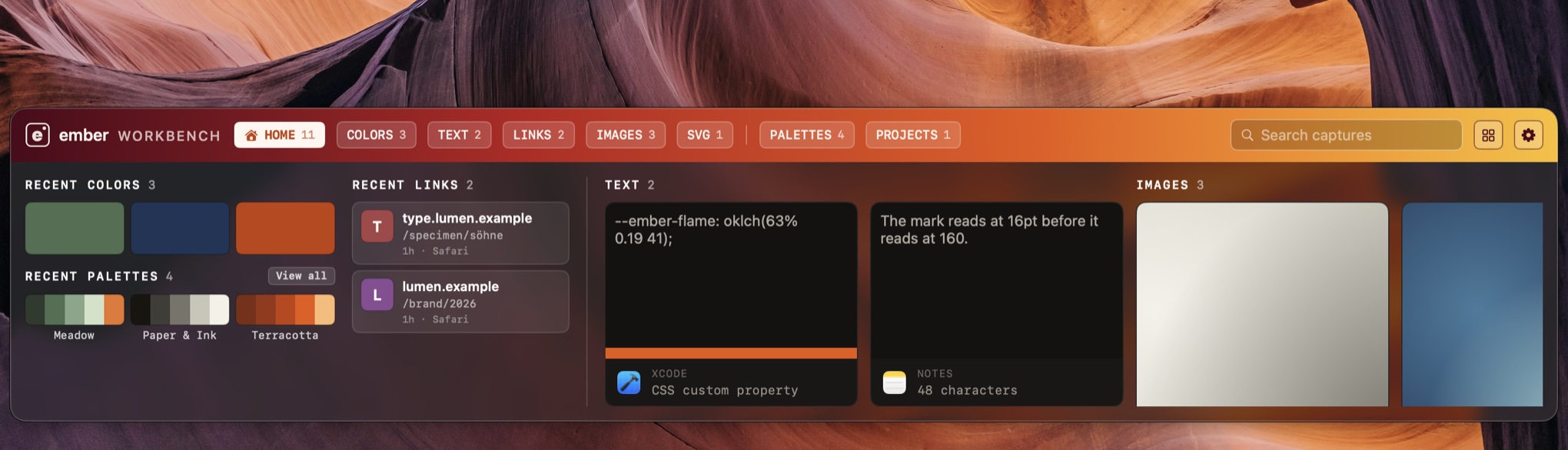 Ember’s workbench drawer along the bottom of a Mac screen, over a real desktop, showing recent colors, palettes, links, text captures and images with the app each came from.